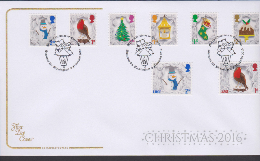 2016 - Christmas Set Cotswold First Day Cover,Starcross Rd Birmingham Postmark